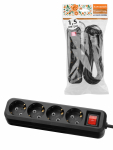 Удлинитель 4 гнезда, 1,5 метра, с/з, выкл., 10 А, 2300 Вт, черный, НАРОДНЫЙ