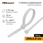 Стяжка кабельная нейлоновая 200x4,8мм, белая (100 шт/уп) PROconnect