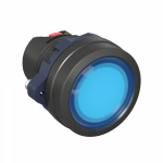 Фронтальная часть нажимной кнопки плоск., 1 упр. элемент цвет синий с круг. линзой, с подсветкой, с фиксацией, DKC