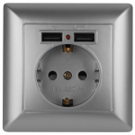 Розетка Intro Solo 4-410-03 с заземлением P+E Schuko со шторками, 16А-250В + 2хUSB, IP20, СУ, алюминий Розетка Intro Solo 4-410-03 с заземлением P+E Schuko со шторками, 16А-250В + 2хUSB, IP20, СУ, алюминий