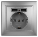 Розетка Intro Plano 1-410-03 с заземлением 2P+E Schuko со шторками, 16А-250В + 2хUSB 5В-2,1А, IP20, СУ, алюминий Розетка Intro Plano 1-410-03 с заземлением 2P+E Schuko со шторками, 16А-250В + 2хUSB 5В-2,1А, IP20, СУ, алюминий