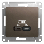 Розетка 2гн USB+USB A+C с/у шоколад механизм 5В/2.4А 2х5В/1.2А Glossa Systeme Electric Розетка 2гн USB+USB A+C с/у шоколад механизм 5В/2.4А 2х5В/1.2А Glossa Systeme Electric
