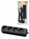Удлинитель 4 гнезда, 1,5 метра, с/з, 10 А, 2300 Вт, черный, НАРОДНЫЙ
