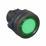 Фронтальная часть нажимной кнопки плоск., 1 упр. элемент цвет зеленый с круг. линзой, с подсветкой, с фиксацией, DKC