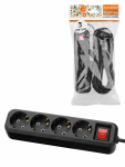 Удлинитель 4 гнезда, 3 метра, с/з, выкл., 10 А, 2300 Вт, черный, НАРОДНЫЙ