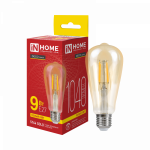 Лампа светодиод 9Вт ретро ST64 Е27 3000К 1040Лм золото филамент прозр IN HOME Лампа светодиод 9Вт ретро ST64 Е27 3000К 1040Лм золото филамент прозр IN HOME