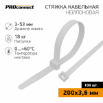 Хомут нейлоновый бел КСС 3,6х200 (100шт/упак) Proconnect (1/10/200)