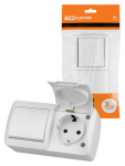 Блок выключатель 1-кл. 10А + розетка 2П+З 16А с защ. штор. с крышкой IP54 белый "Селигер" TDM