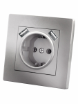 Розетка 2П+З 16А 250В + 2 USB порта 2,1А 5В серебр. металлик "Сенеж" TDM Розетка 2П+З 16А 250В + 2 USB порта 2,1А 5В серебр. металлик "Сенеж" TDM