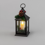 Декоративный фонарь со свечкой и шишкой, черный корпус, размер 10,7x10,7x23,5 см, цвет теплый белый