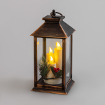 Декоративный фонарь со свечкой и шишкой, бронзовый корпус, размер 14x14x27 см, цвет теплый белый