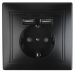 Розетка Intro Plano 1-410-05 с заземлением 2P+E Schuko со шторками, 16А-250В + 2хUSB 5В-2,1А, IP20, СУ, антрацит