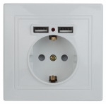 Розетка Intro Plano 1-410-01 с заземлением 2P+E Schuko со шторками, 16А-250В + 2хUSB 5В-2,1А, IP20, СУ, белый Розетка Intro Plano 1-410-01 с заземлением 2P+E Schuko со шторками, 16А-250В + 2хUSB 5В-2,1А, IP20, СУ, белый