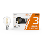Лампа светодиод 5,5Вт Шар 510Лм 2700К Е14 LED (3 лампы в упаковке) Gauss Basic Filament 1/20 Лампа светодиод 5,5Вт Шар 510Лм 2700К Е14 LED (3 лампы в упаковке) Gauss Basic Filament 1/20
