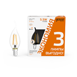 Лампа светодиод 5,5Вт Свеча на ветру 510Лм 2700К Е14 LED (3 лампы в упаковке) Gauss Basic Filament 1/20 Лампа светодиод 5,5Вт Свеча на ветру 510Лм 2700К Е14 LED (3 лампы в упаковке) Gauss Basic Filament 1/20