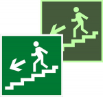 Знак эвакуационный E 14 "Направление к эвакуационному выходу по лестнице вниз налево" 200х200 мм, пластик самоклеящаяся с фотолюминесцентным покрытием